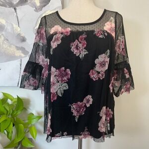 Sheer Floral Mesh Womens Top Black Pink Bell Sleeve Whimsigoth Fairy Grunge Boho